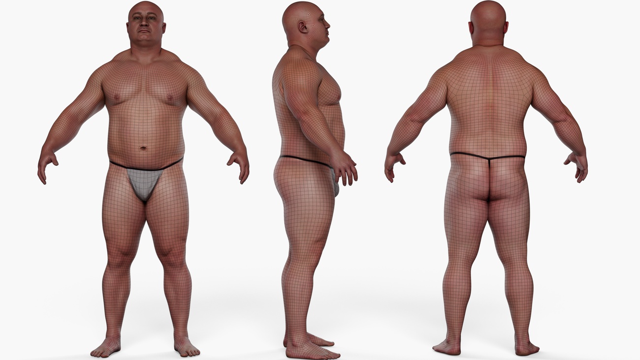 Wireframe topology overlay on a heavy-set male 3D body scan showing clean quad mesh edge loops across the full figure